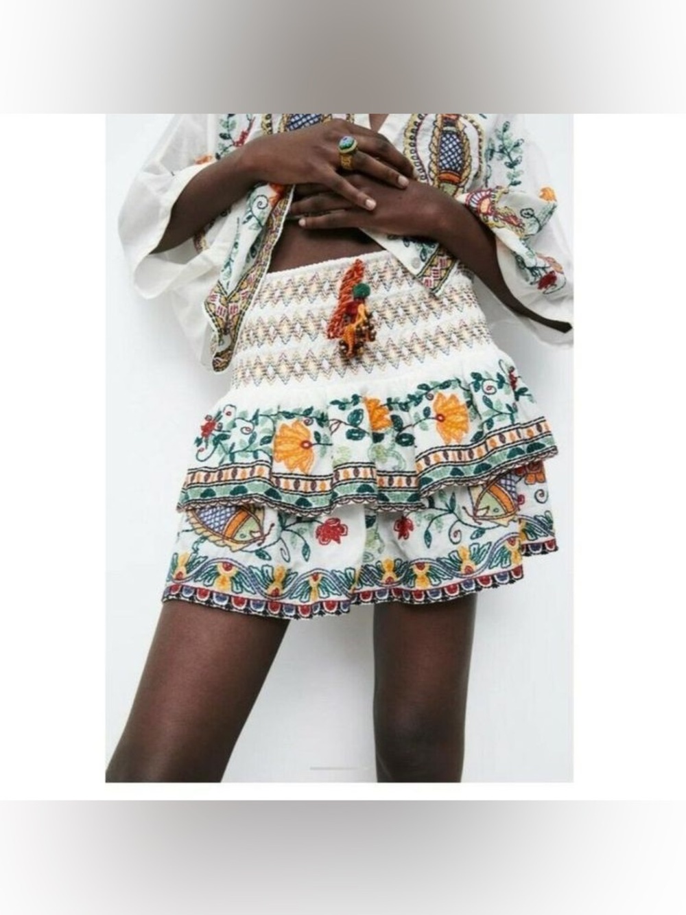 Zara Floral Embroidered High Waisted Smocked Skirt with Tassels | Size Small